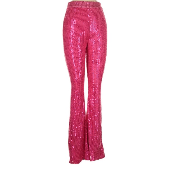NWT Nasty Gal High Waisted Sequin Flare Pants Hot Pink - Picture 1 of 5